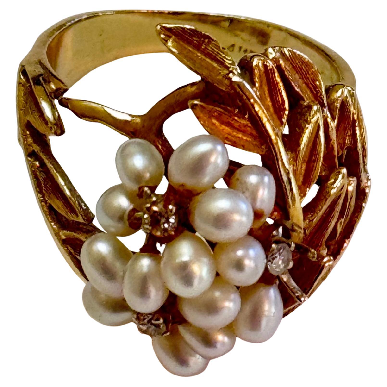 Women's or Men's 14K Yellow Gold Mid-Century Seed Pearl Cocktail Ring For Sale