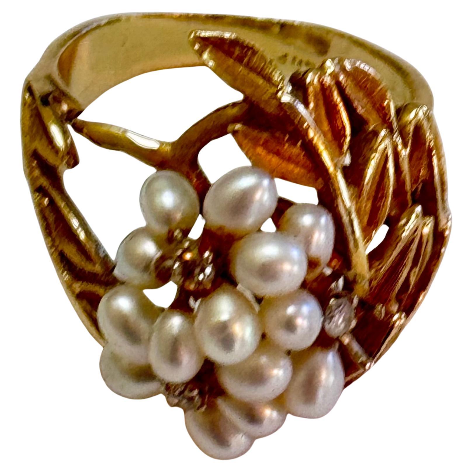 14K Yellow Gold Mid-Century Seed Pearl Cocktail Ring For Sale 1