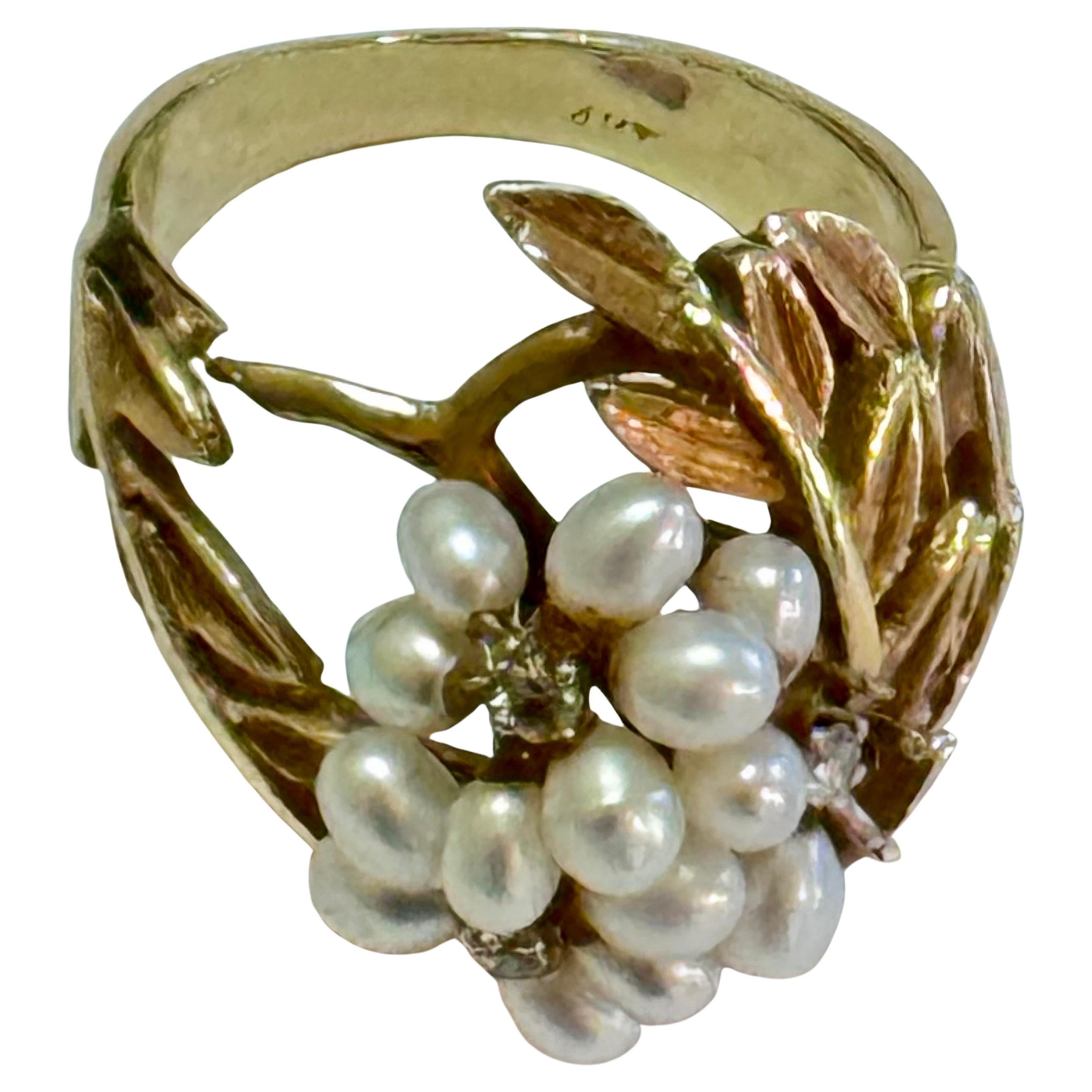 14K Yellow Gold Mid-Century Seed Pearl Cocktail Ring For Sale 2