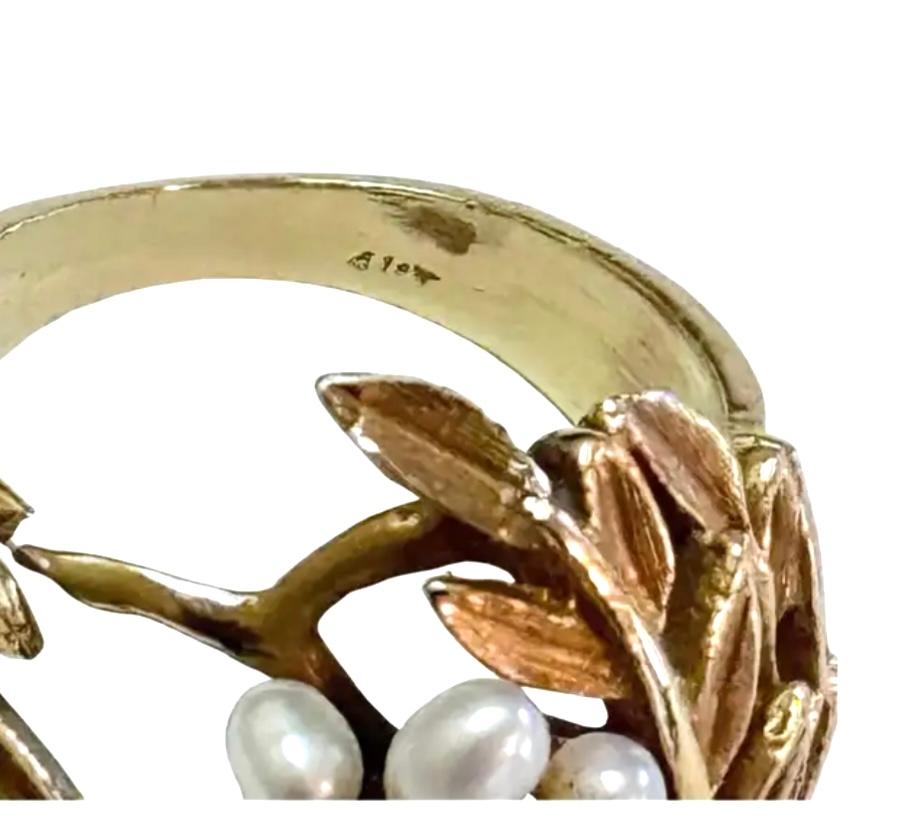 Anello da cocktail in oro giallo 14K con perle di seme di metà secolo in vendita 2