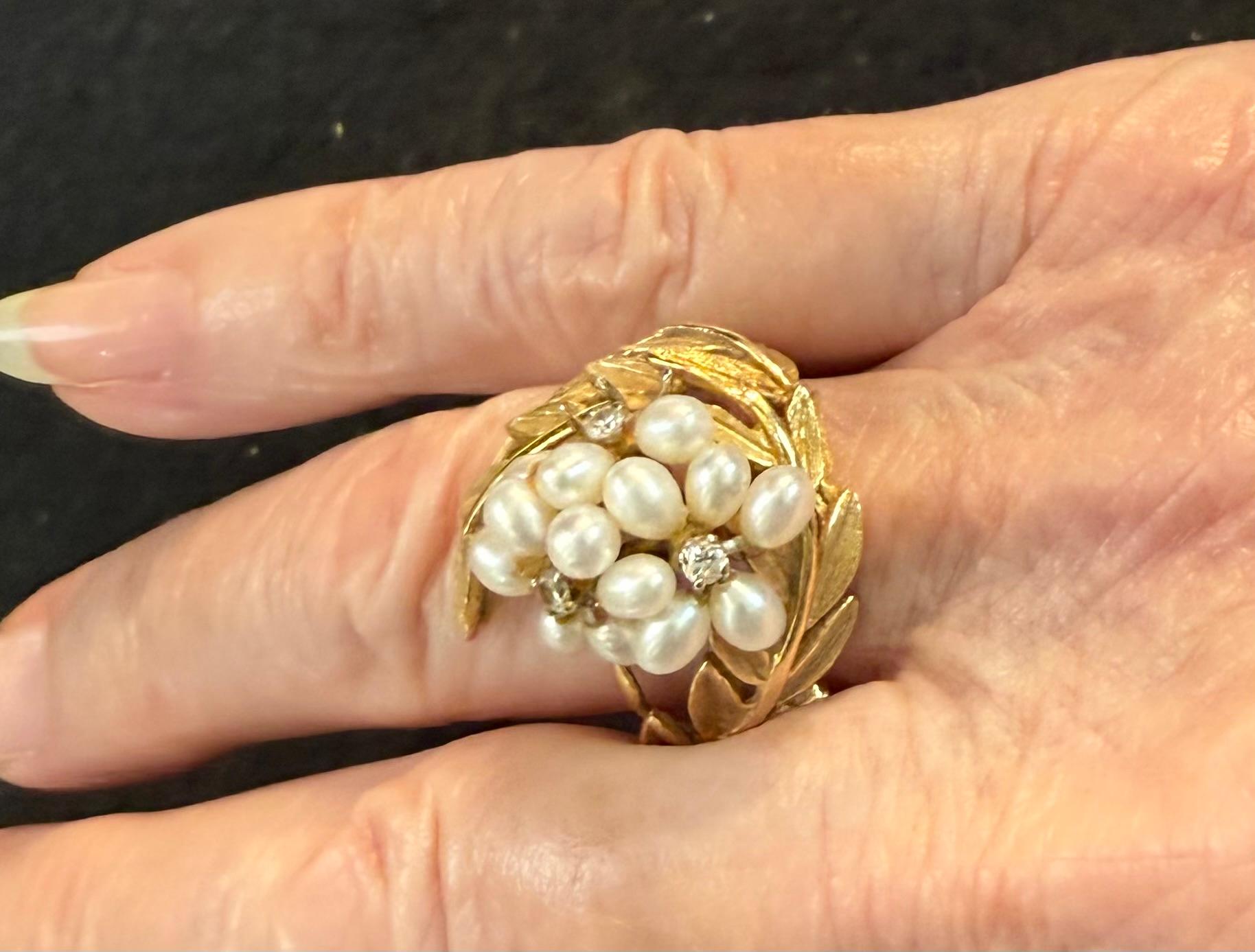 Anello da cocktail in oro giallo 14K con perle di seme di metà secolo in vendita 3