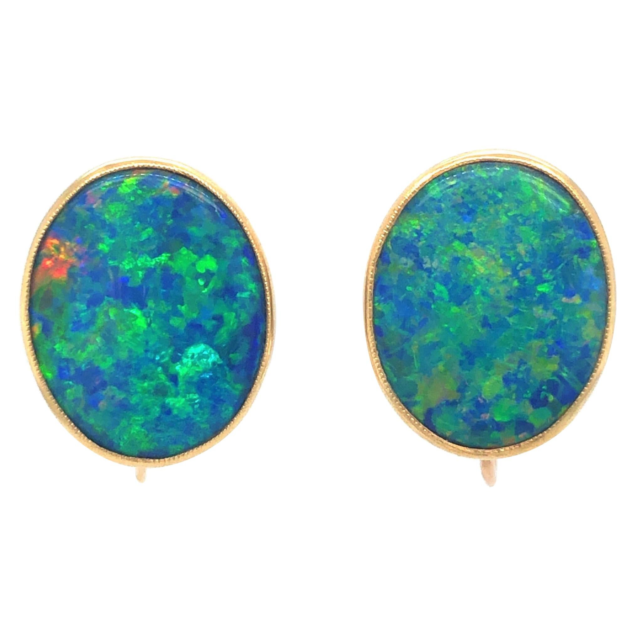14 Karat Yellow Gold Milgrain Vintage Bezel Set Fiery Opal Screw Back Earrings
