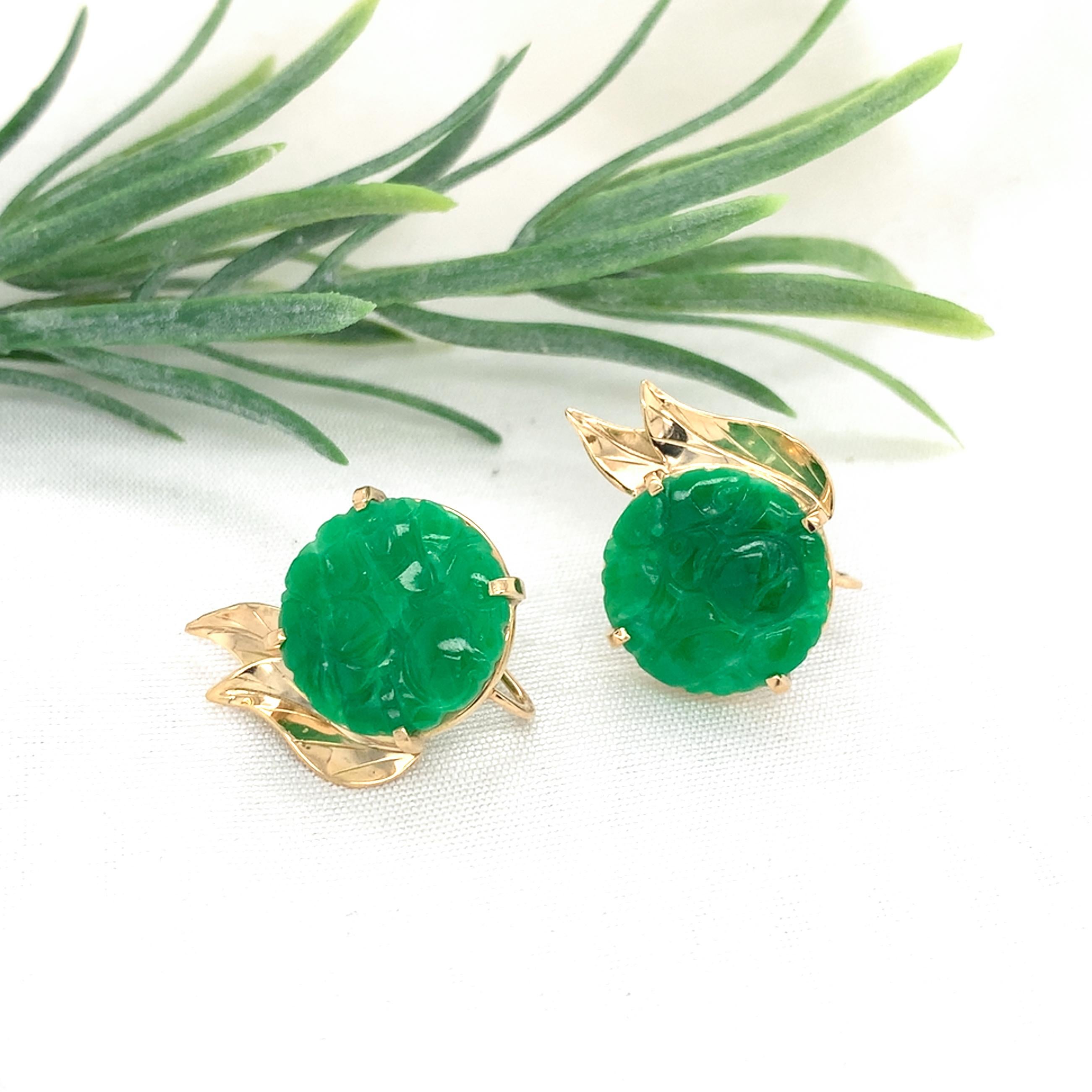 14K Yellow Gold Ming's Carved A Jadeite Jade Earrings with GIA report For Sale 5