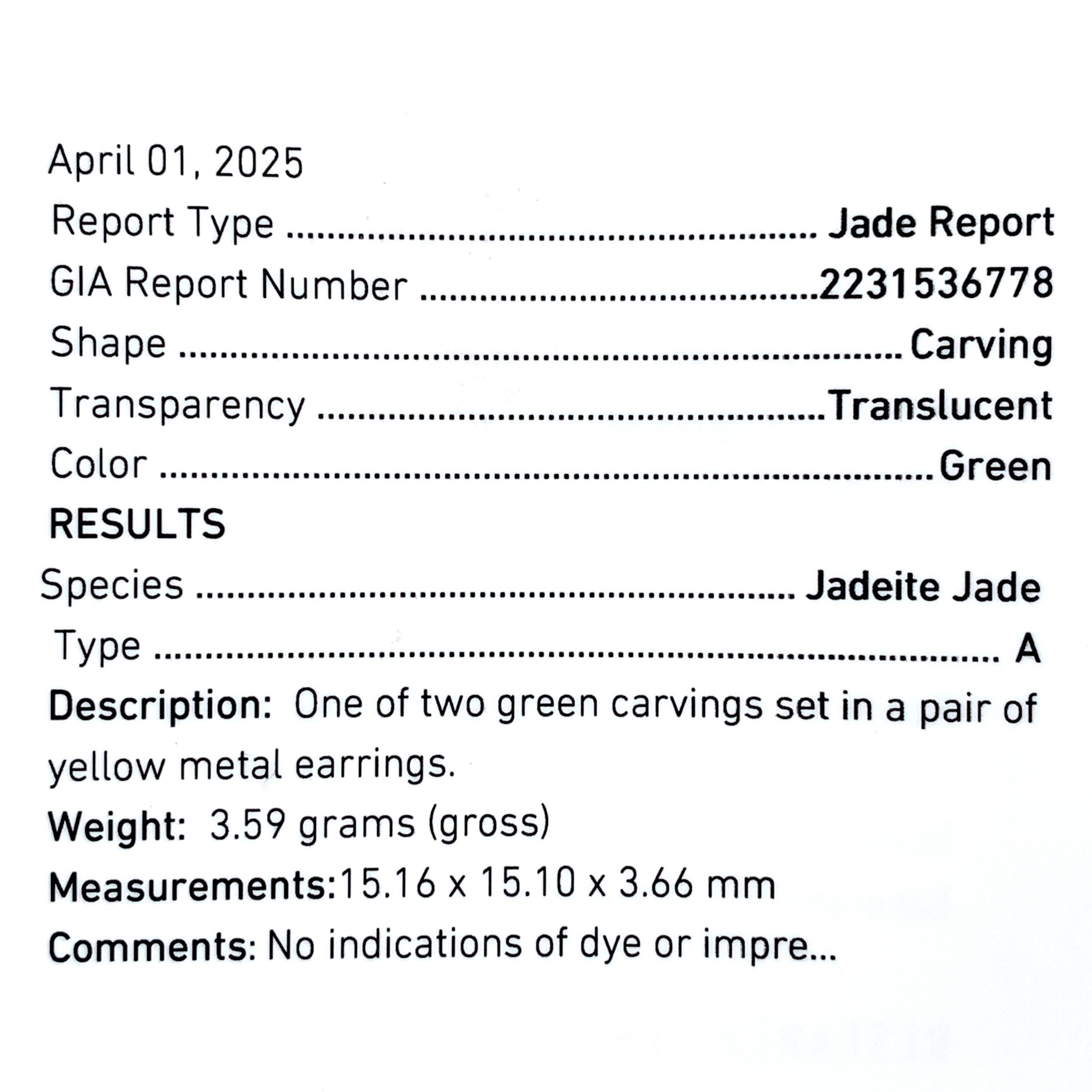 14K Yellow Gold Ming's Carved A Jadeite Jade Earrings with GIA report For Sale 8