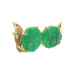 14K Yellow Gold Ming's Carved A Jadeite Jade Earrings with GIA report