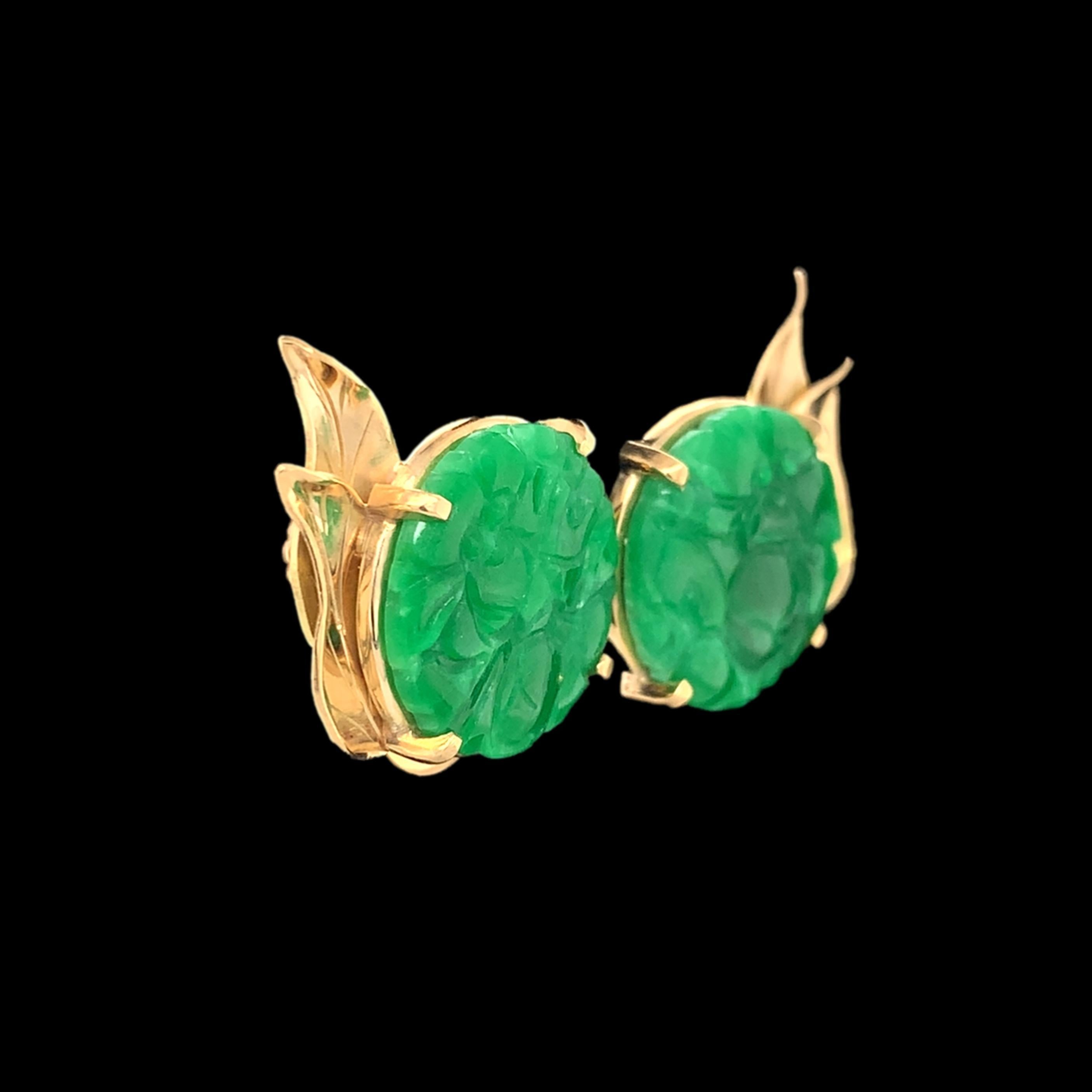 14K Yellow Gold Ming's Carved A Jadeite Jade Earrings with GIA report For Sale 1