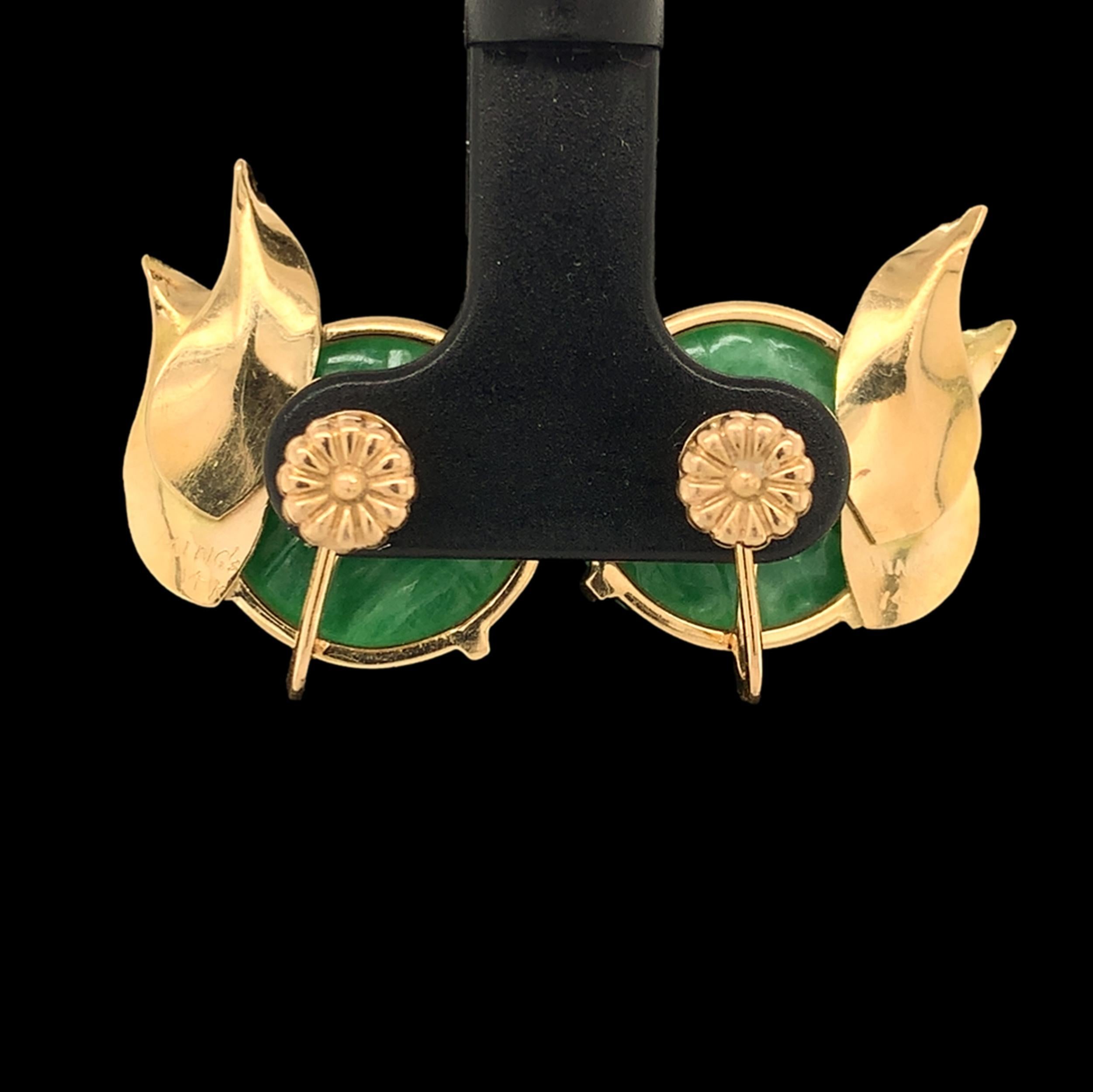14K Yellow Gold Ming's Carved A Jadeite Jade Earrings with GIA report For Sale 3