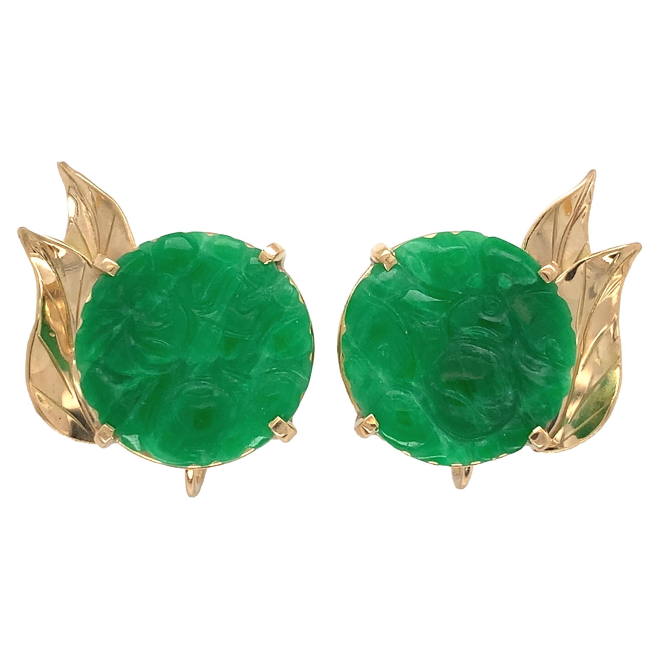 14K Yellow Gold Ming's Carved A Jadeite Jade Earrings with GIA report For Sale