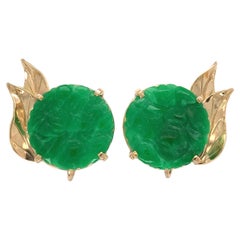 14K Yellow Gold Ming's Carved A Jadeite Jade Earrings with GIA report