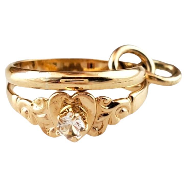 14K Yellow Gold Mini Engagement Ring & Wedding Band Charm #16284