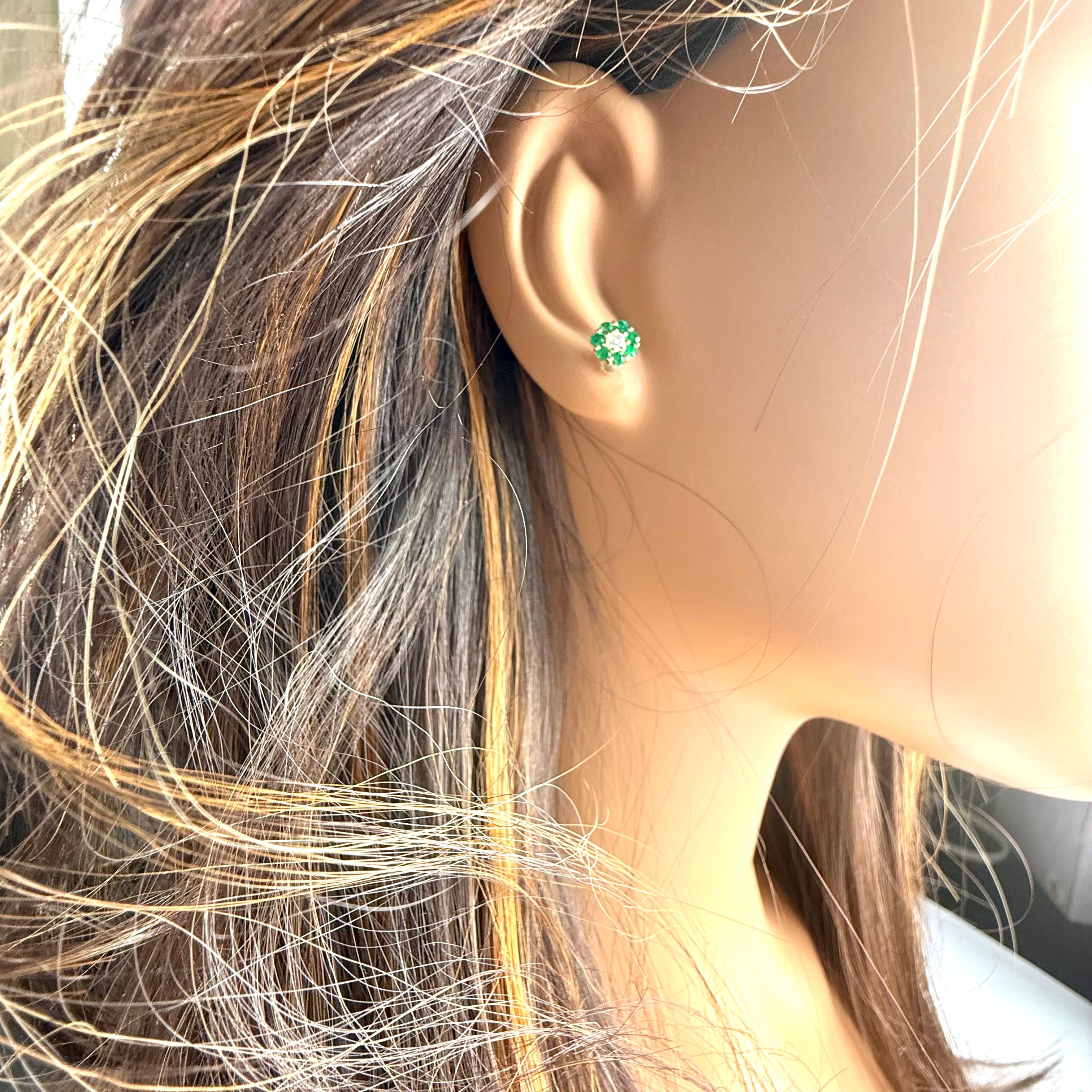Modern 14K Yellow Gold Mini Floral Emerald and Diamond 0.25 Inch Stud Earrings