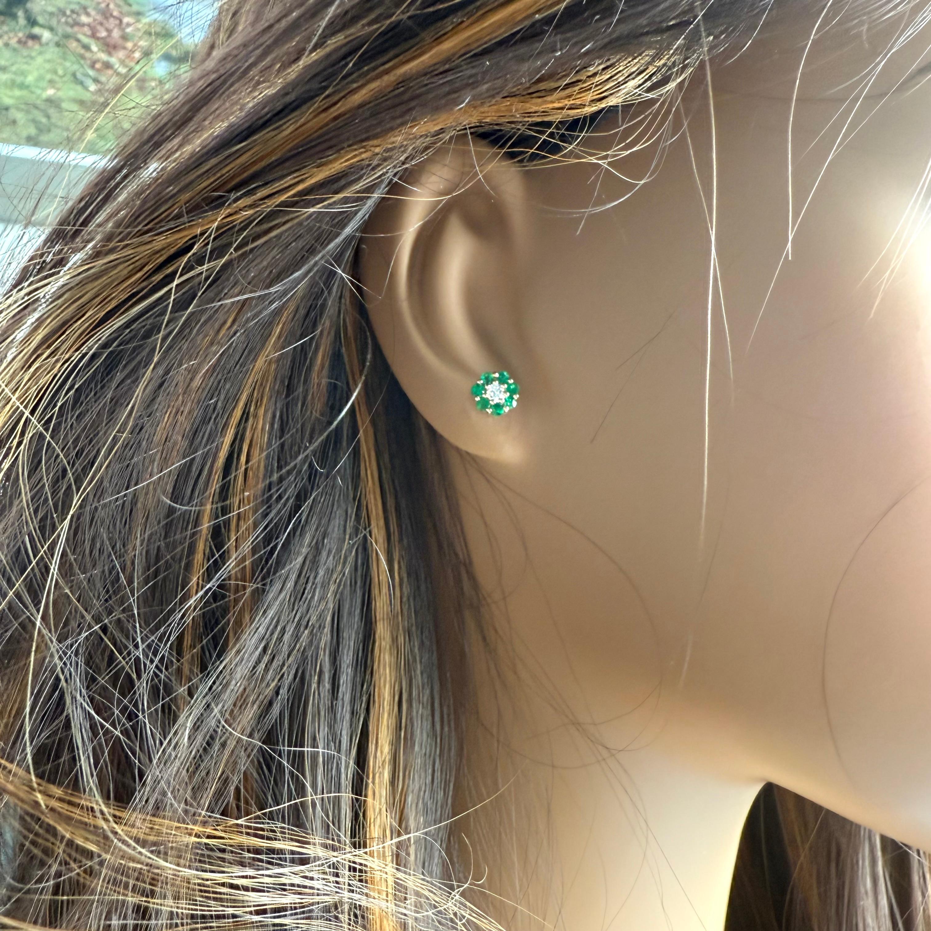 Round Cut 14K Yellow Gold Mini Floral Emerald and Diamond 0.25 Inch Stud Earrings
