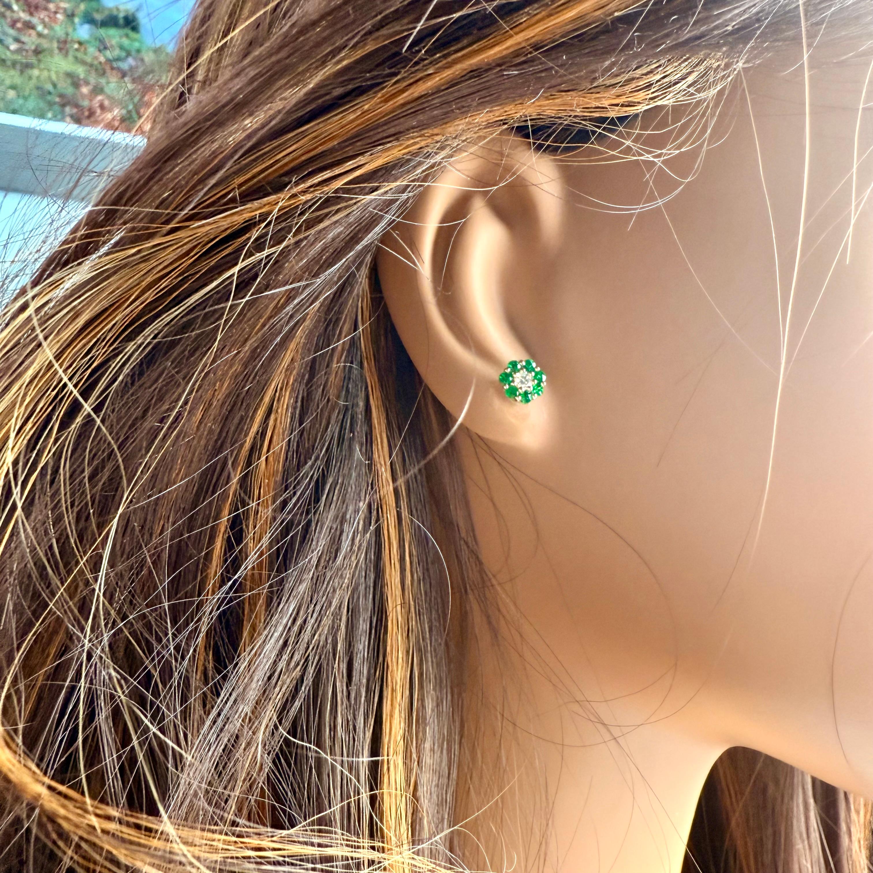 Women's or Men's 14K Yellow Gold Mini Floral Emerald and Diamond 0.25 Inch Stud Earrings