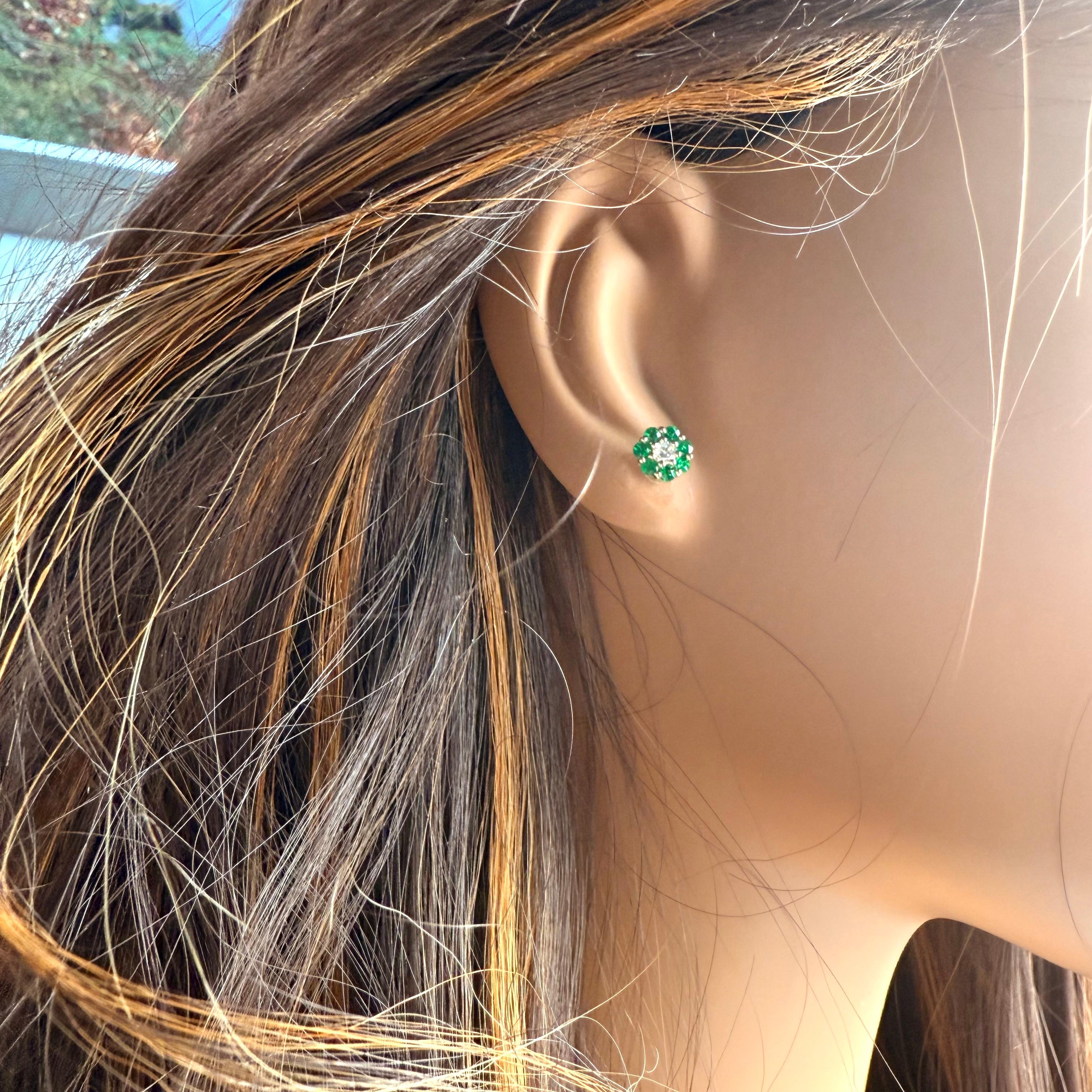 14K Yellow Gold Mini Floral Emerald and Diamond 0.25 Inch Stud Earrings 1