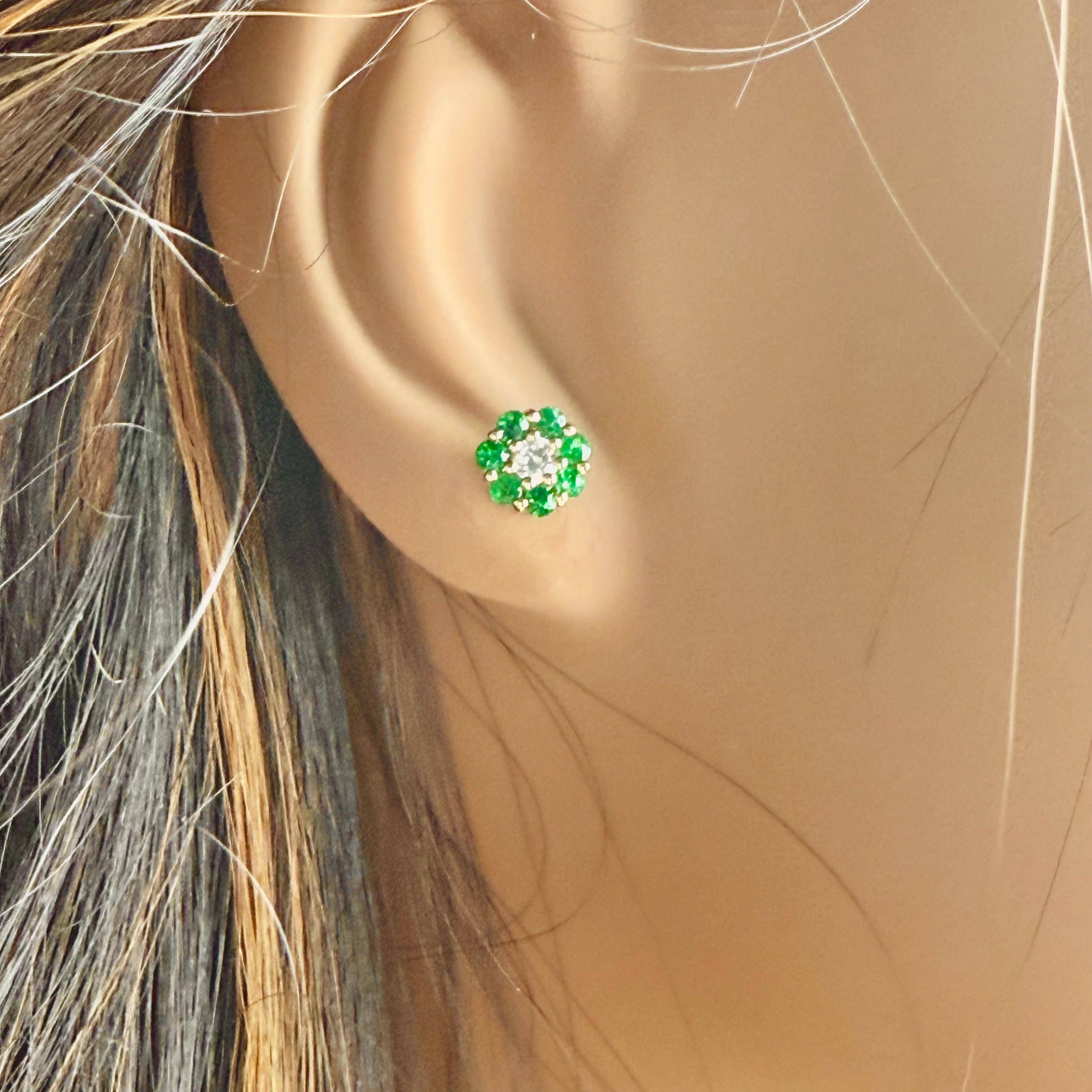 14K Yellow Gold Mini Floral Emerald and Diamond 0.25 Inch Stud Earrings 2
