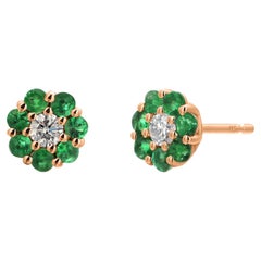 14K Yellow Gold Mini Floral Emerald and Diamond 0.25 Inch Stud Earrings