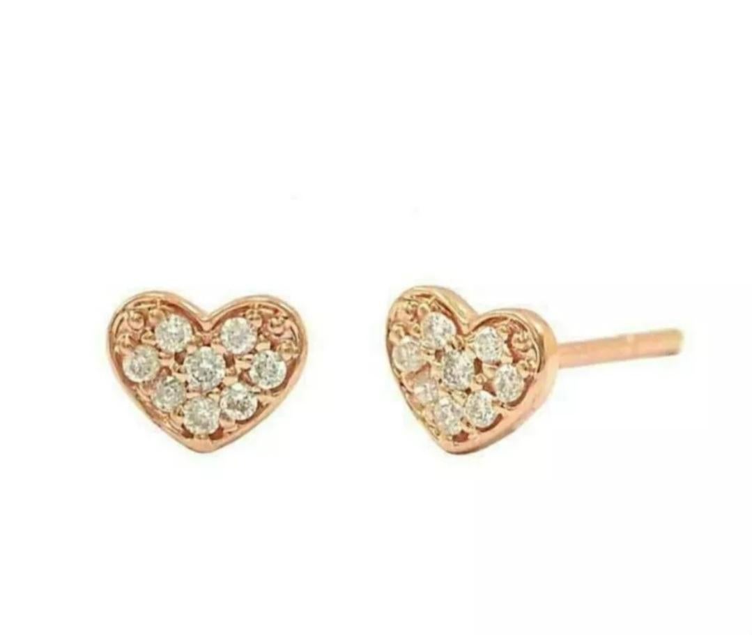 Art Deco 14K Yellow Gold Mini Heart Stud earrings For Women Natural Diamond Earrings. For Sale
