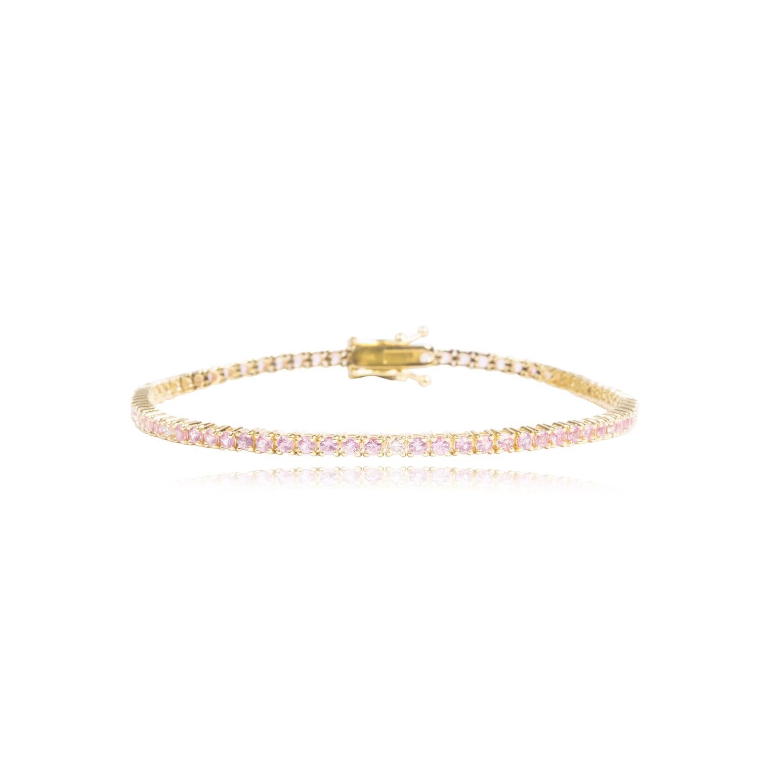 Round Cut 14k Yellow Gold Mini Pink Sapphire and Diamond Bracelet For Sale