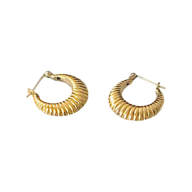 14K Yellow Gold Mini Ribbed Hoops  For Sale