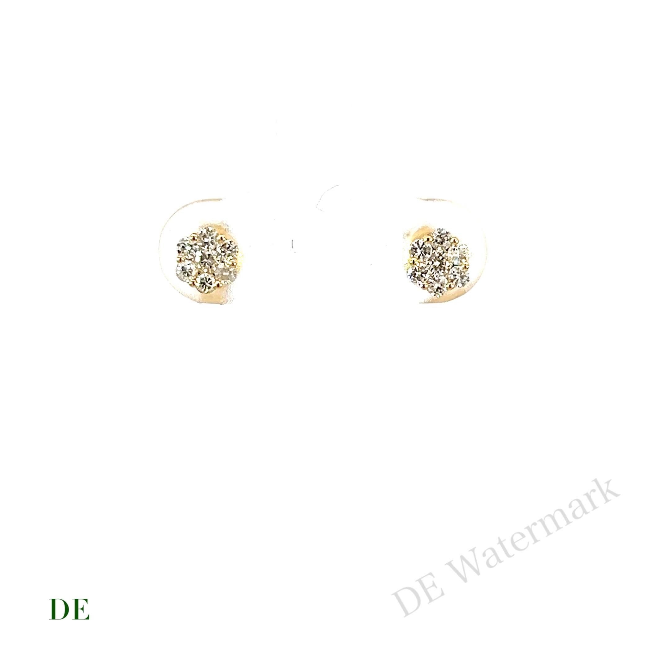Women's or Men's 14k Yellow Gold Minimalist .28 Carat Diamond Cluster Earring Stud For Sale
