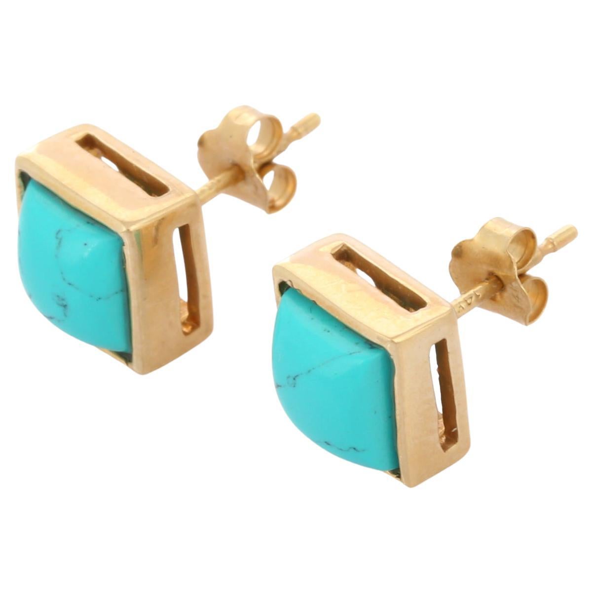 Studs create a subtle beauty while showcasing the colors of the natural precious gemstones.

Square cut turquoise push back studs in 14K gold. Embrace your look with these stunning pair of earrings suitable for any occasion to complete your