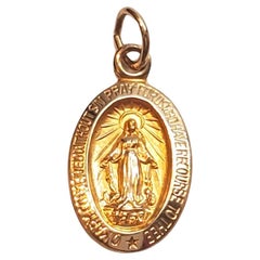 14K Yellow Gold Miraculous Medal Blessed Mother Pendant #17525