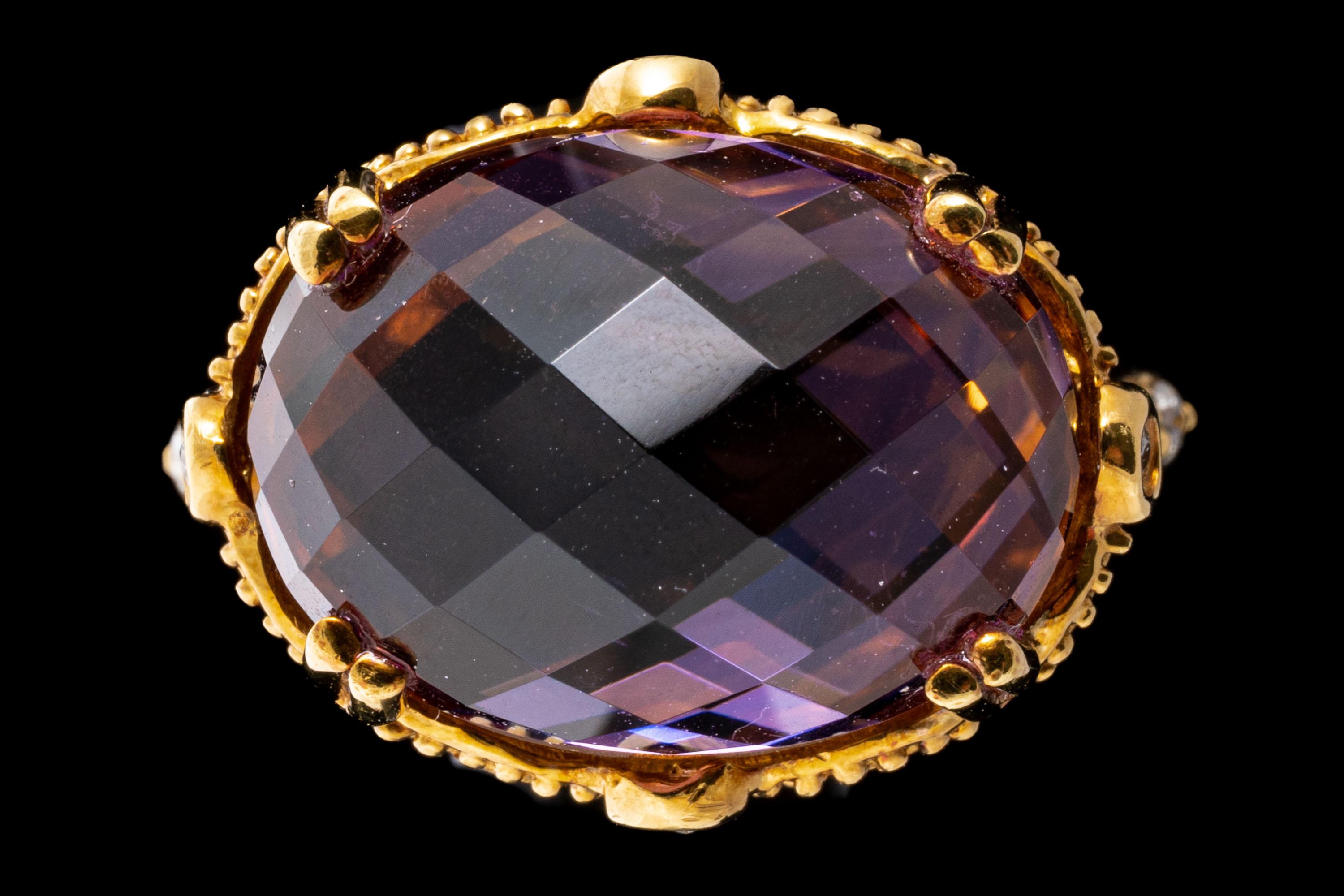 14k yellow gold ring. This curious and unusual ring features a center checkerboard oval faceted, medium to light purple color amethyst, approximately 7.21 CTS, and mirrored on the underside by a matching checkerboard oval faceted, medium orange