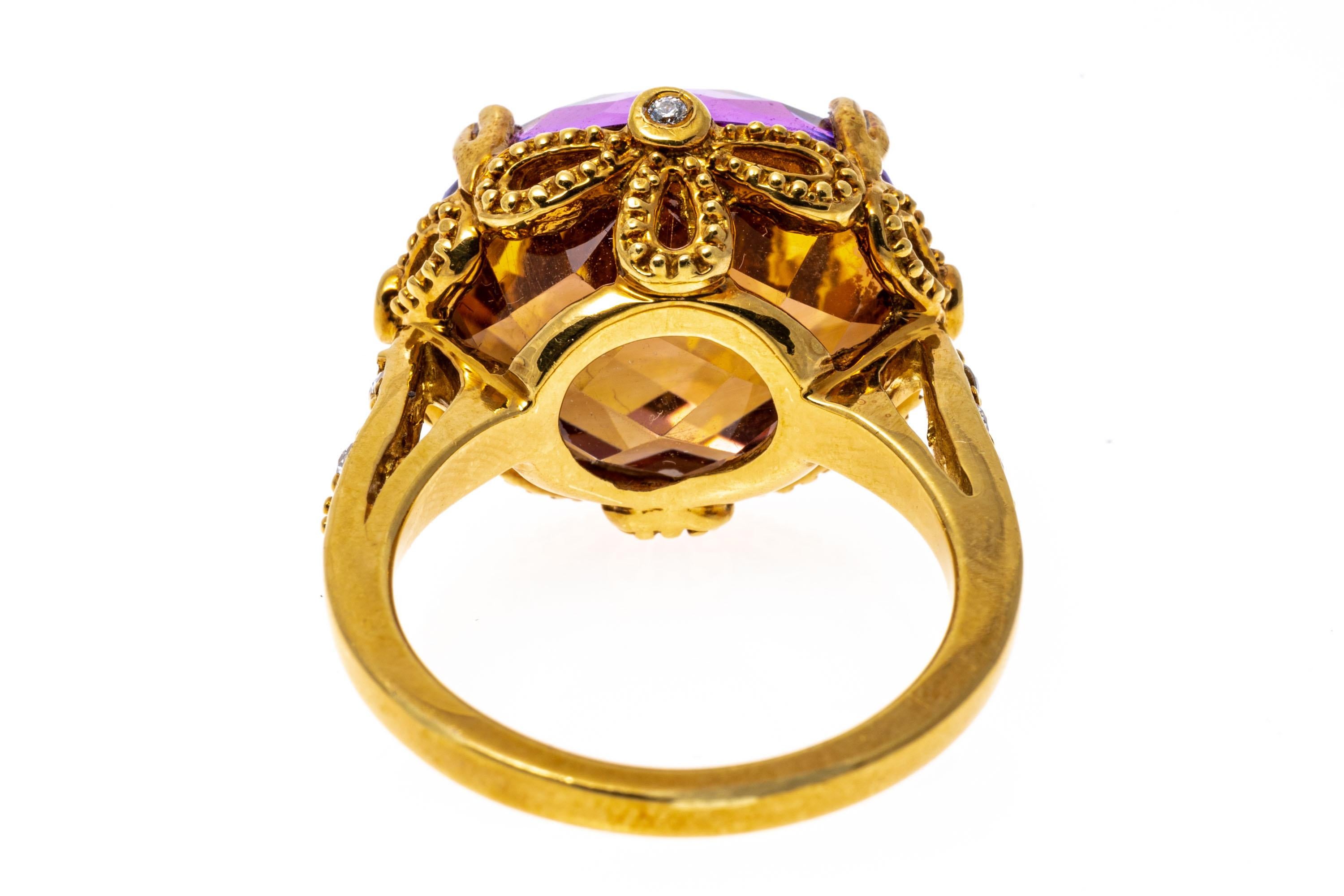 Taille ovale Bague en or jaune 14 carats avec améthyste et citrine en forme de miroir et diamants en vente