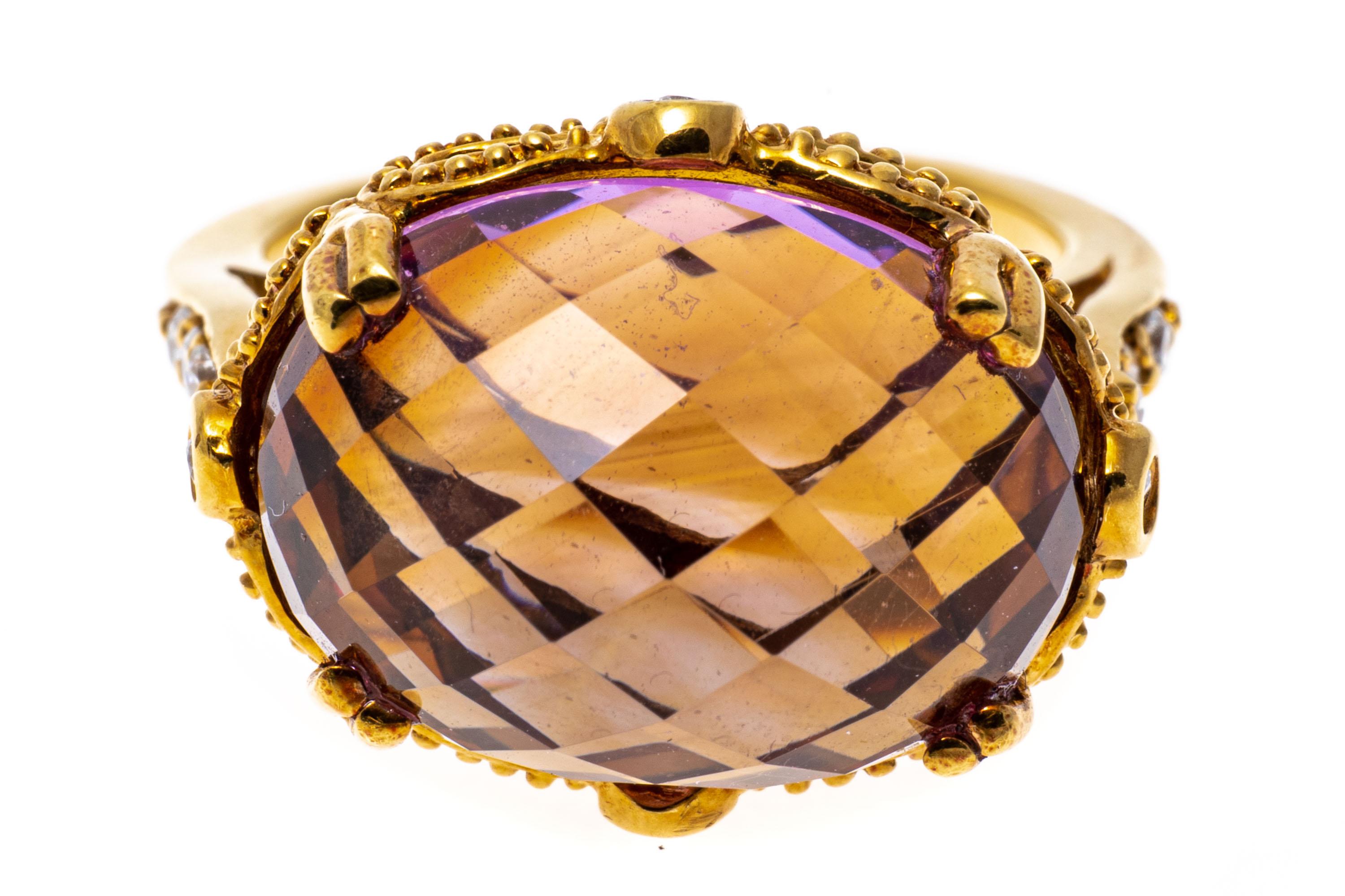 Bague en or jaune 14 carats avec améthyste et citrine en forme de miroir et diamants en vente 3