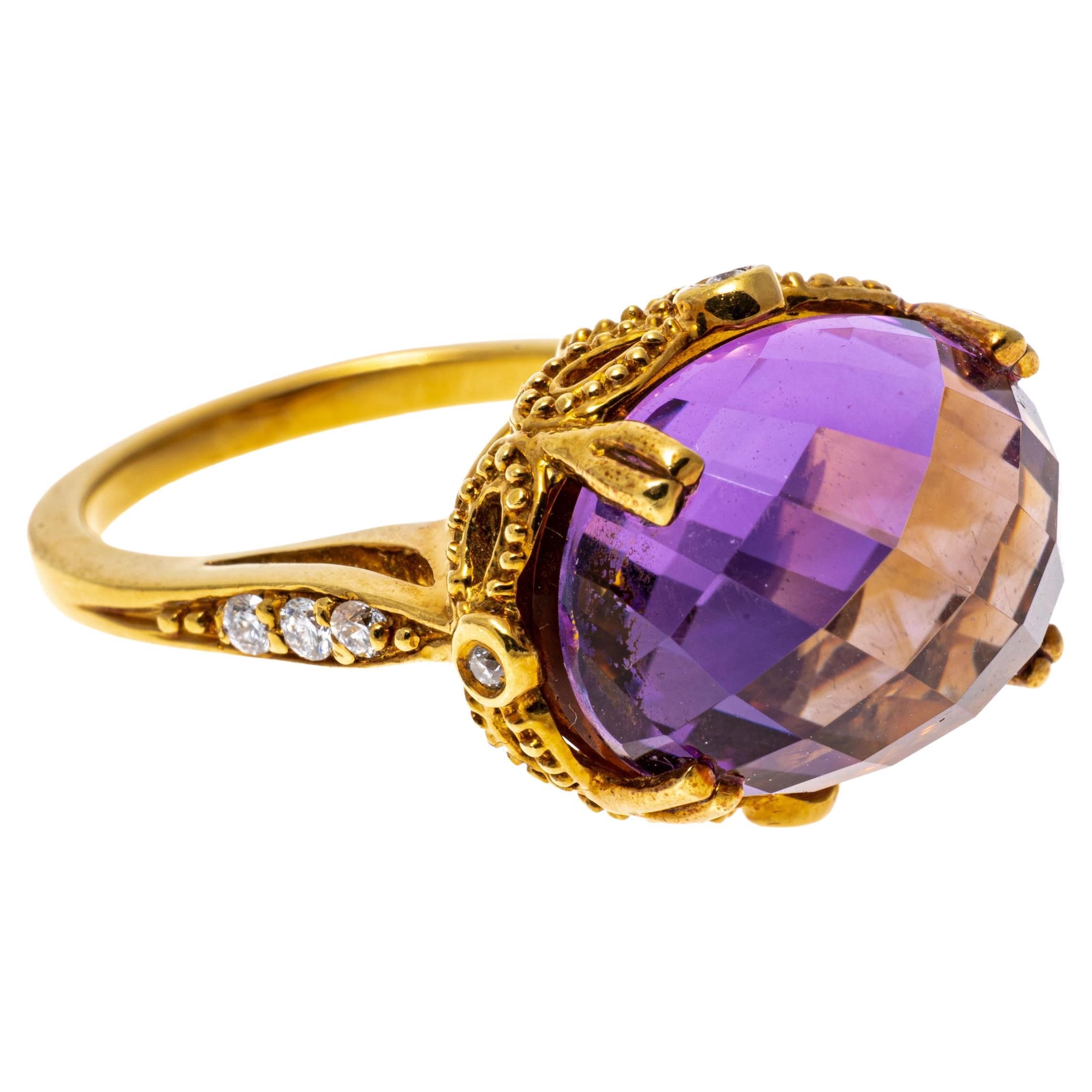 14k Yellow Gold Mirror Image Amethyst and Citrine Ring with Diamonds For Sale