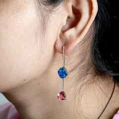14K Yellow Gold Mismatched Opal Doublet & Pink Tourmaline Diamond Drop Earrings