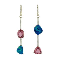14K Yellow Gold Mismatched Opal Doublet & Pink Tourmaline Diamond Drop Earrings