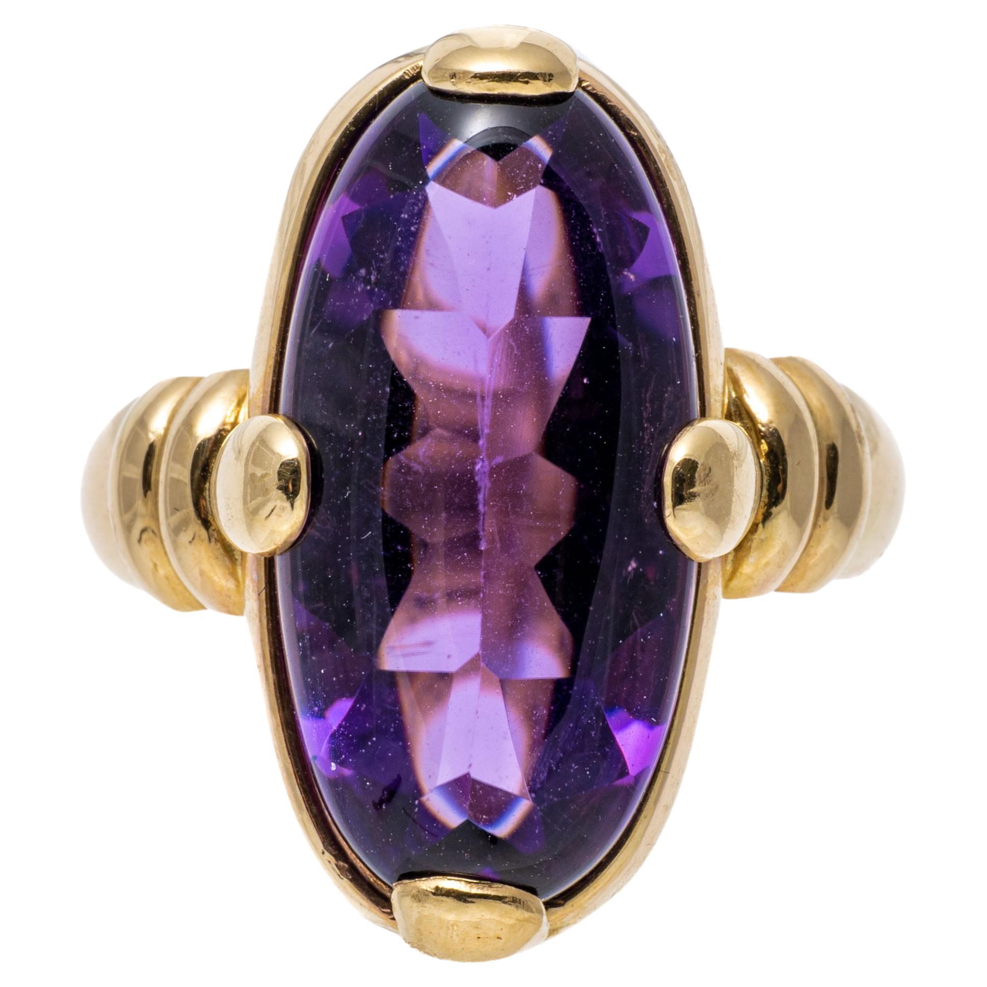 14k Yellow Gold Mixed Cut Elongated Oval Dark Purple Amethyst Ring For Sale