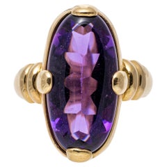 Retro 14k Yellow Gold Mixed Cut Elongated Oval Dark Purple Amethyst Ring