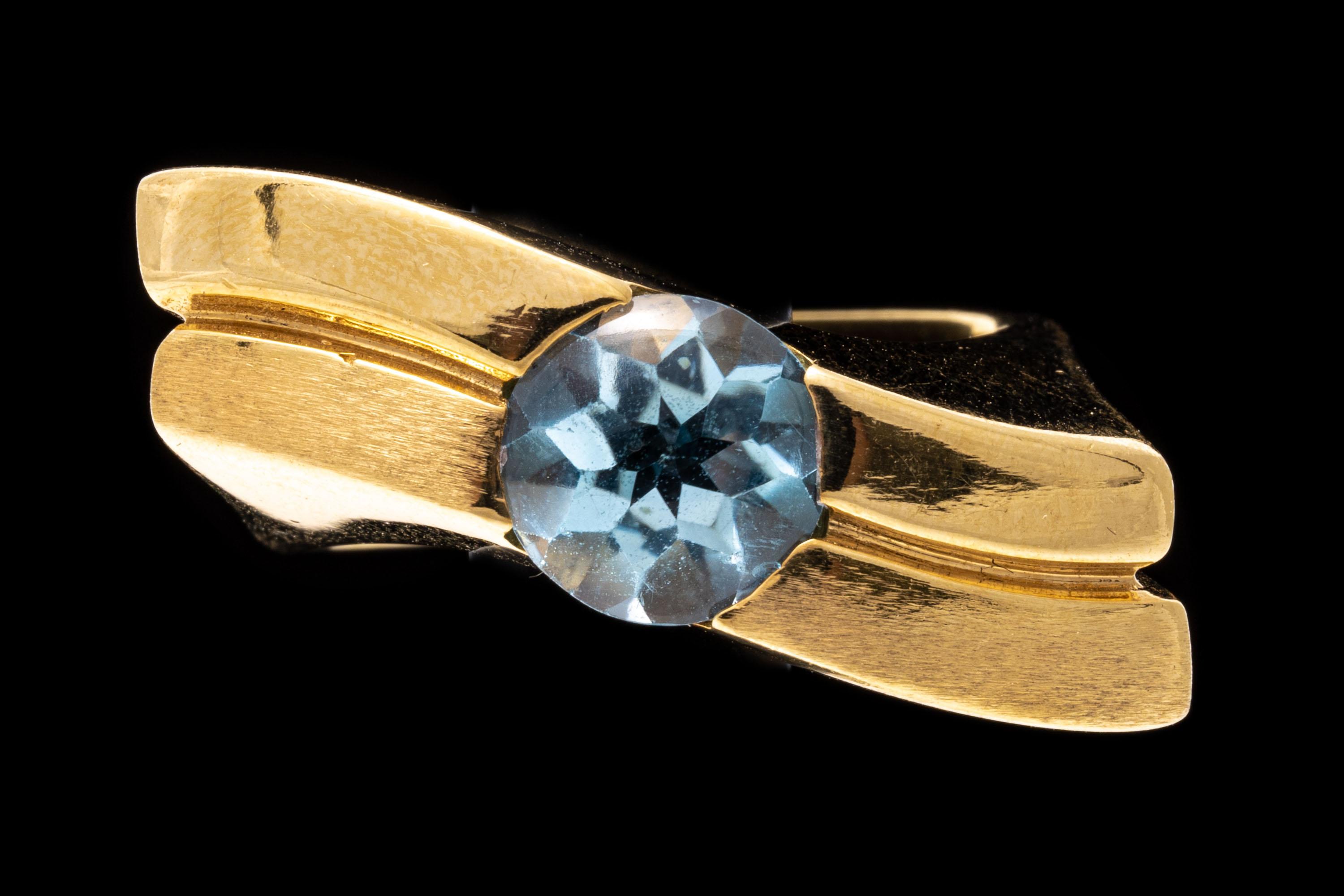 14k Yellow Gold Mixed Cut Light Blue Topaz Contemporary Wide Ring For Sale 4