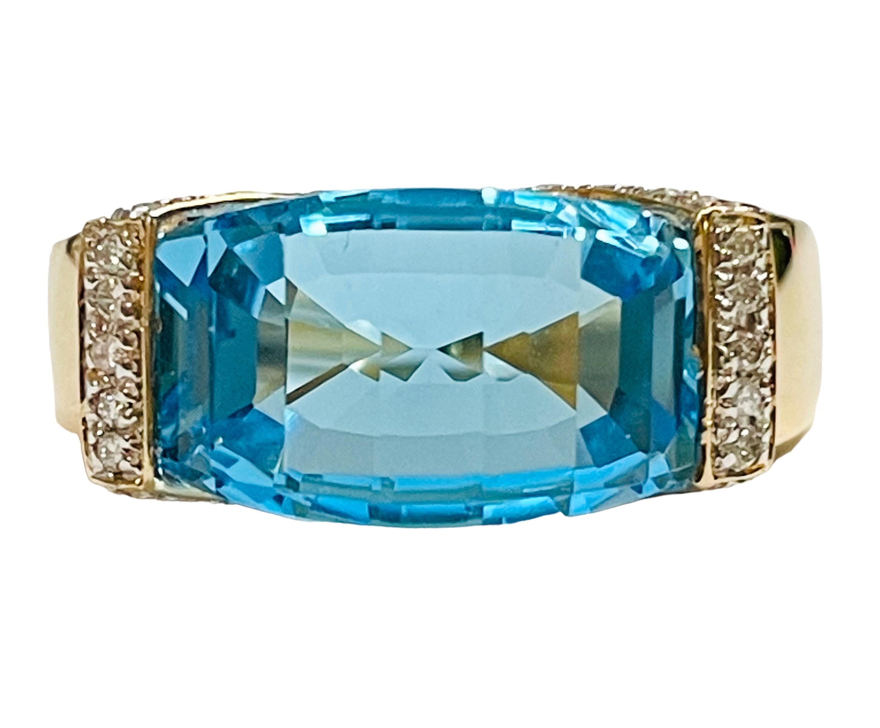 This ring is just so beautiful!   It is a size 9 and can be sized by any local jeweler. The fancy cut of the 8 carat stone is just magnificent.  It measures 14 x 8.3 x 9 mm and 2.8 DWT.  The color of the stone is very strong. The ring weighs 7.94