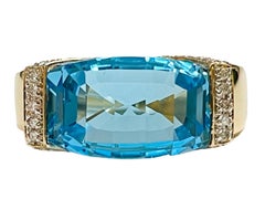 14k Yellow Gold Modern Cut 8 Ct Swiss Blue Topaz & Diamond Ring w Appraisal