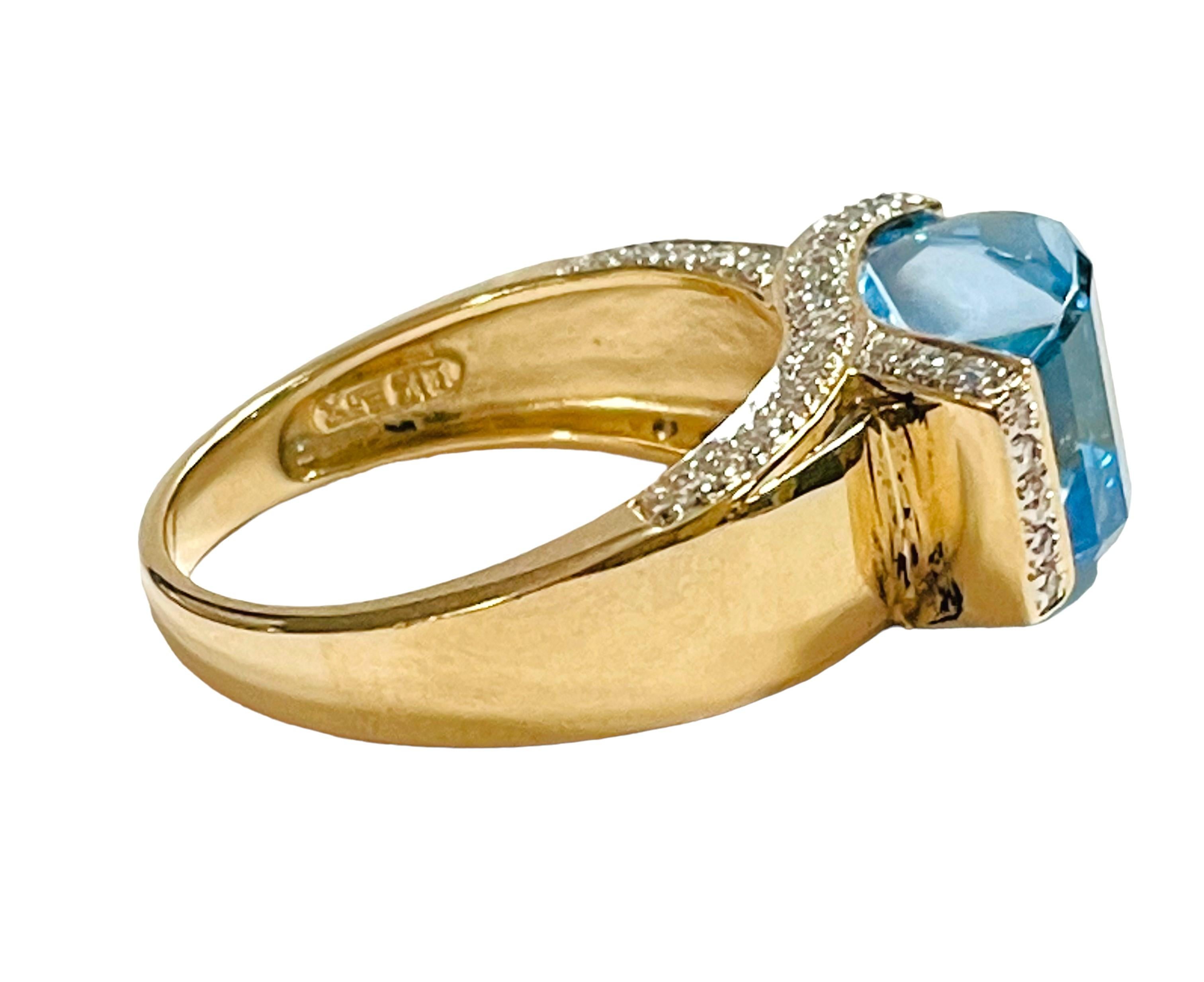 Modernist 14k Yellow Gold Modern Cut 8 Ct Swiss Blue Topaz & Diamond Ring w Appraisal