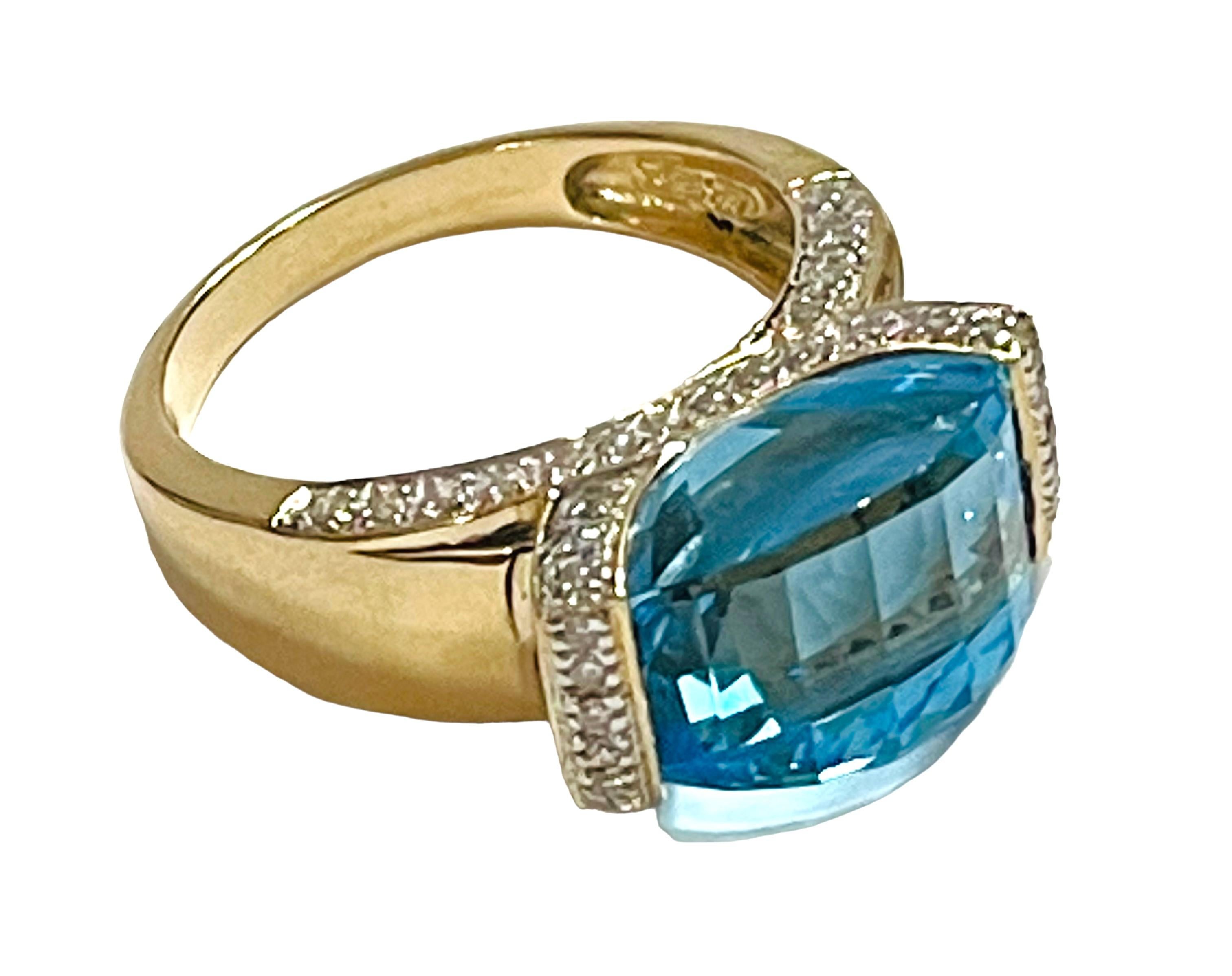 14k Yellow Gold Modern Cut 8 Ct Swiss Blue Topaz & Diamond Ring w Appraisal In Excellent Condition In Eagan, MN