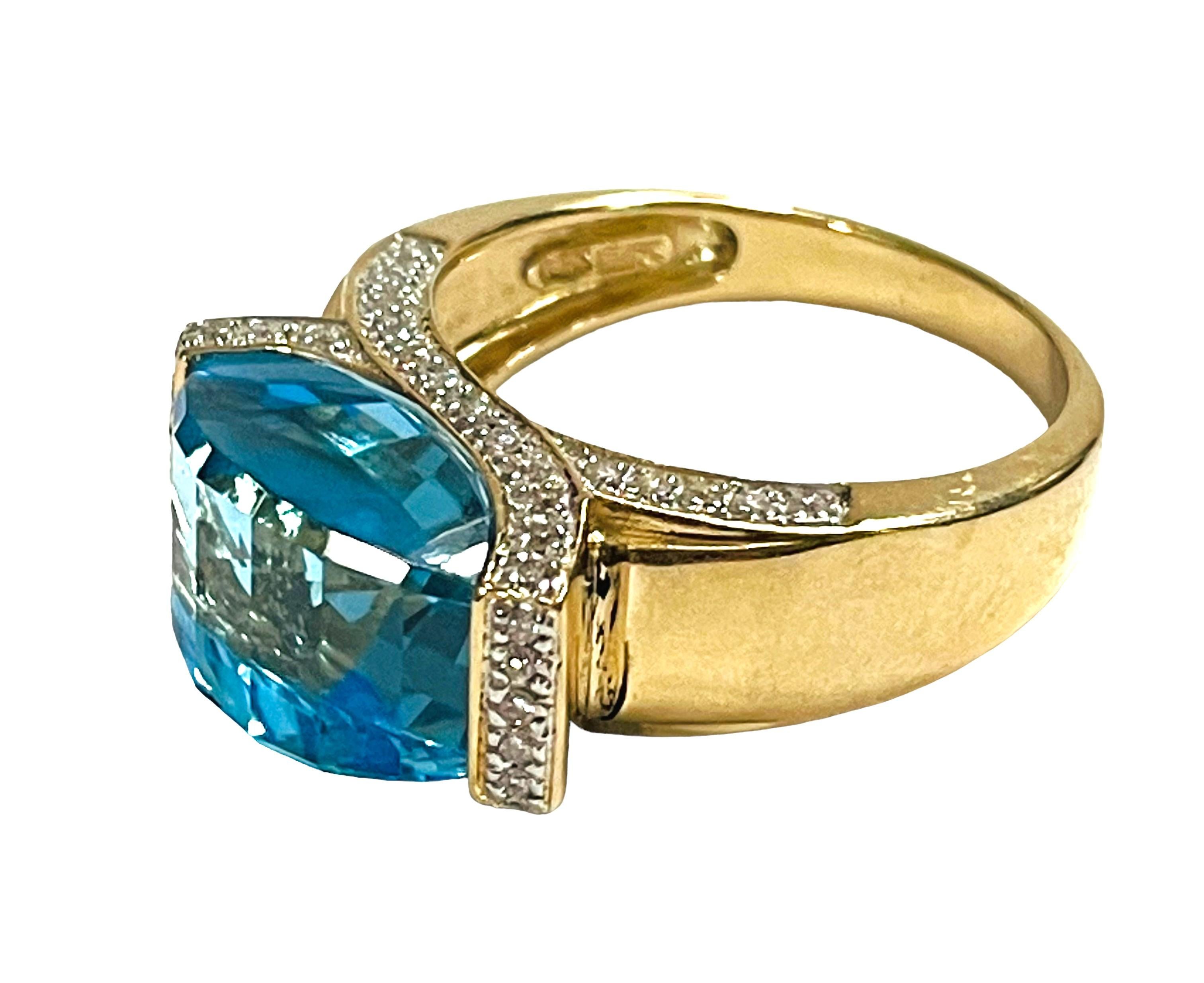 Women's 14k Yellow Gold Modern Cut 8 Ct Swiss Blue Topaz & Diamond Ring w Appraisal