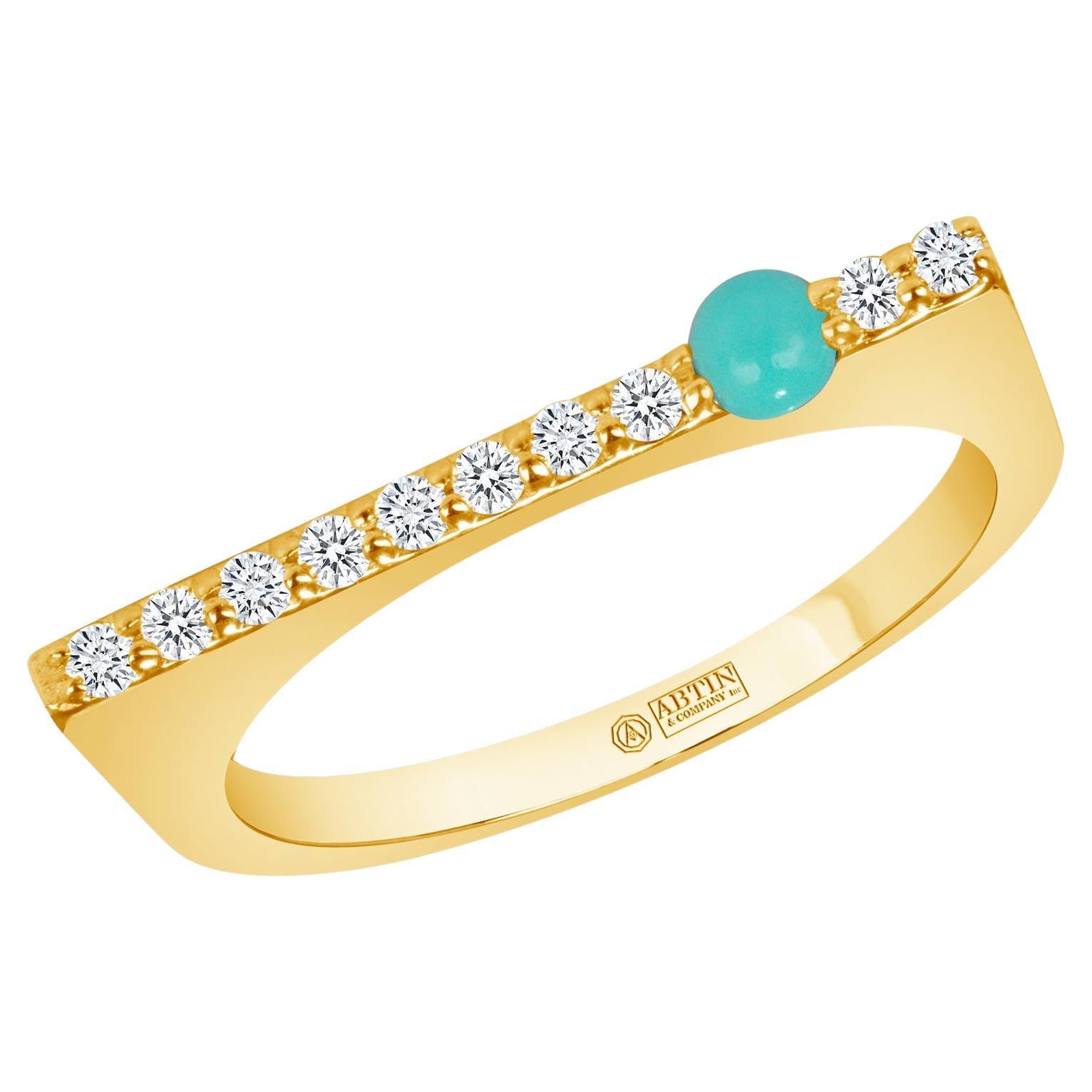 14K Yellow Gold Modern Dainty Bar Diamond & Turquoise Stackable Band Ring For Sale