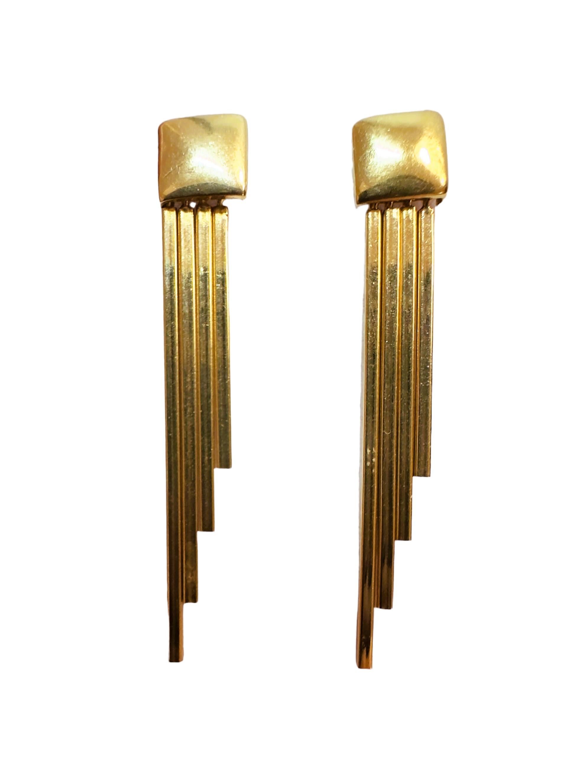 Art Deco 14k Yellow Gold Modern Verticle Bar Dangle Earrings 3.33 Grams For Sale