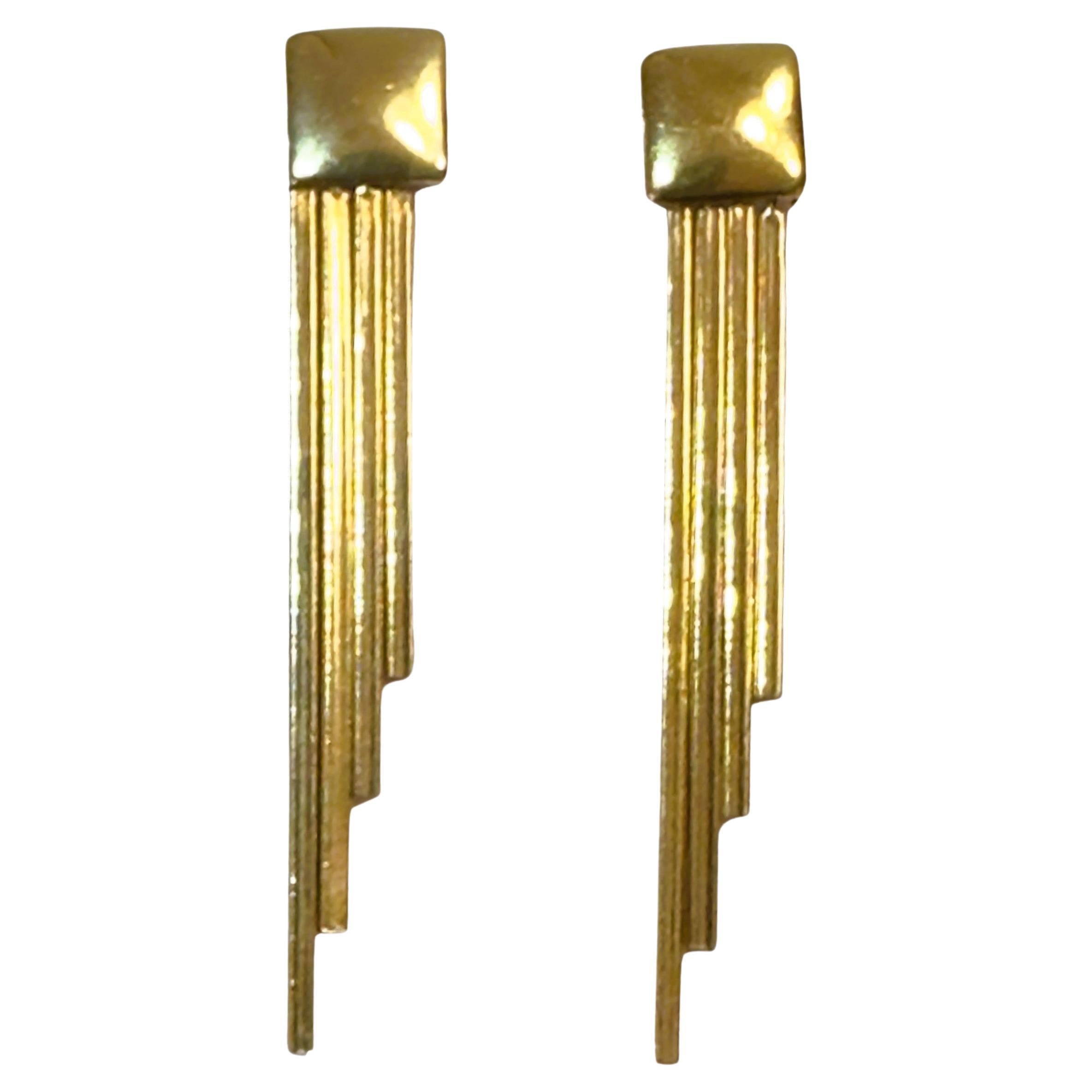 14k Yellow Gold Modern Verticle Bar Dangle Earrings 3.33 Grams For Sale