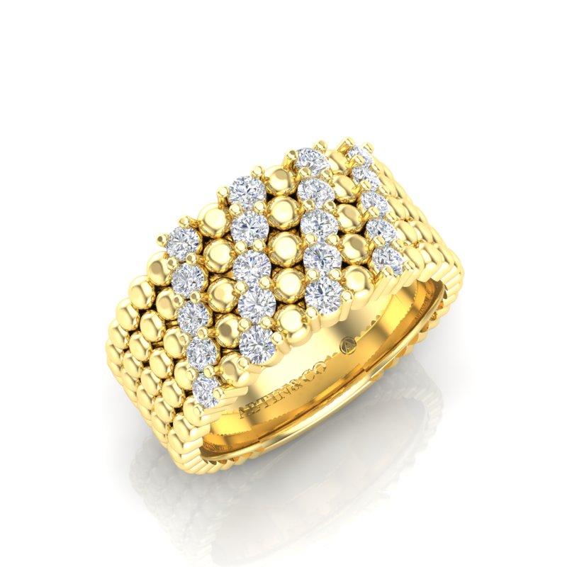 14K Gelbgold Moderner vierreihiger Diamantring mit Perlenmuster in Zackenfassung im Angebot 1