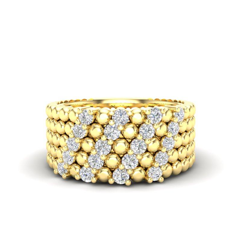14K Gelbgold Moderner vierreihiger Diamantring mit Perlenmuster in Zackenfassung im Angebot 3