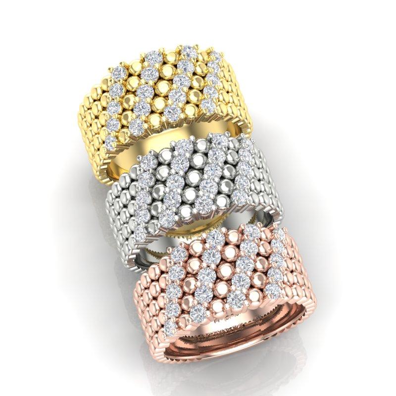 14K Gelbgold Moderner vierreihiger Diamantring mit Perlenmuster in Zackenfassung im Angebot 4
