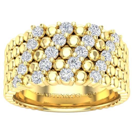 14K Gelbgold Moderner vierreihiger Diamantring mit Perlenmuster in Zackenfassung im Angebot