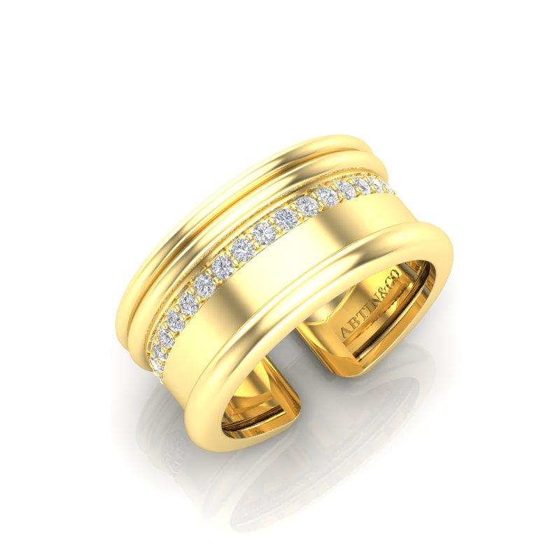 Women's 14K Yellow Gold Modern Open Cigar Diamond Band Ring For Sale