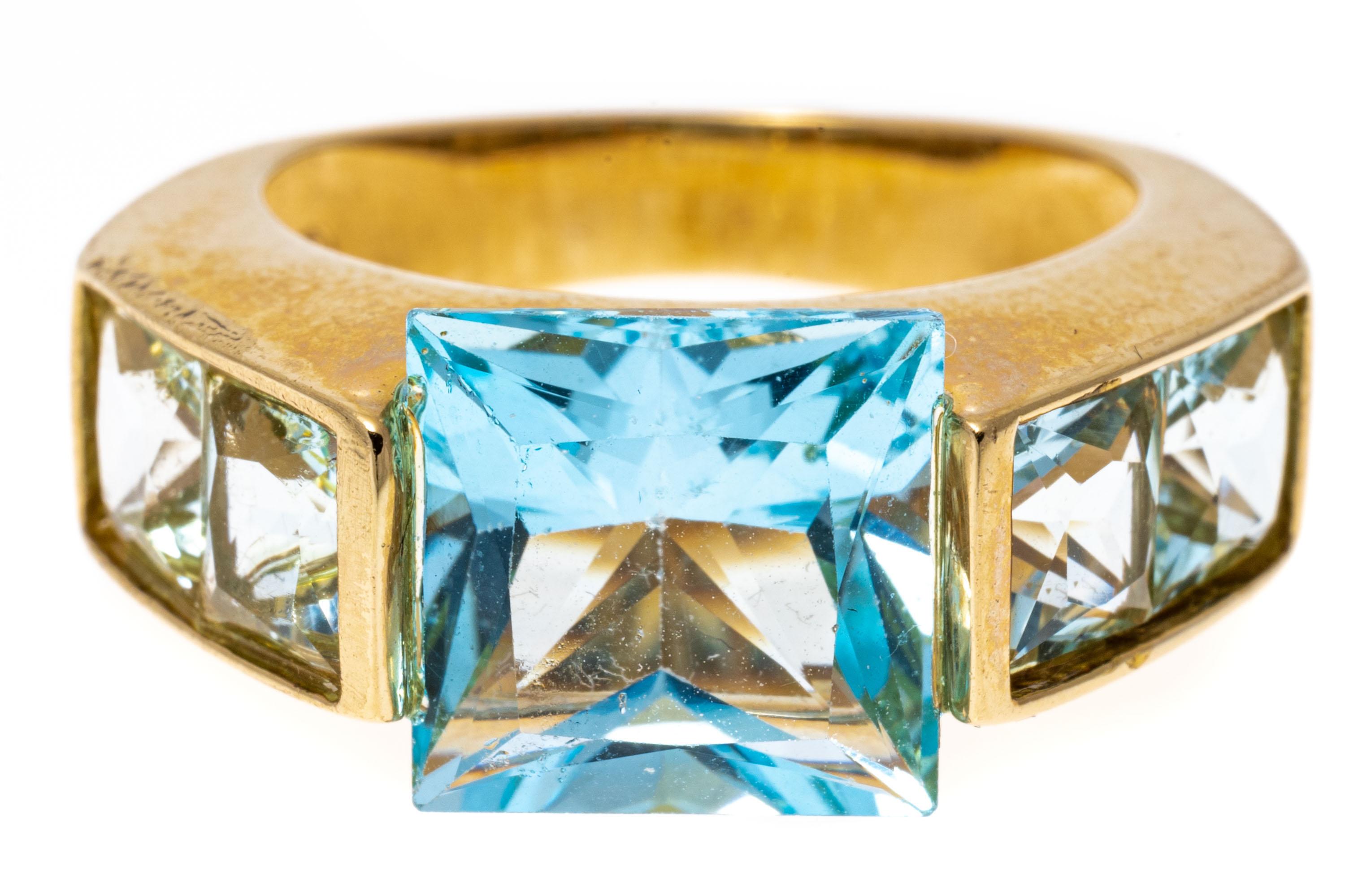 14k Yellow Gold Modern Square Blue Topaz Channel Set Ring In Good Condition For Sale In Southport, CT