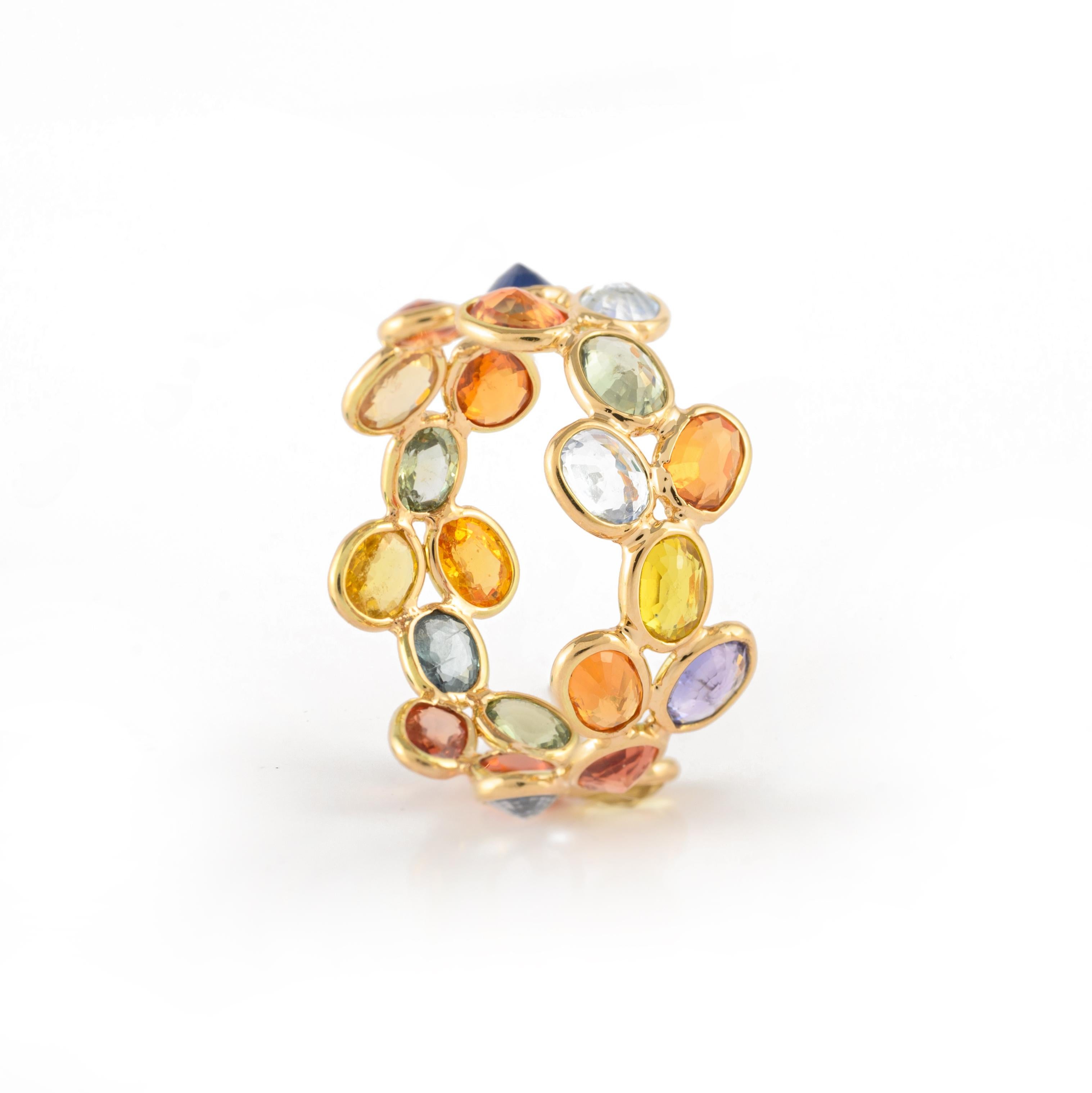 For Sale:  14k Yellow Gold Modern Stackable Multi Sapphire Gemstone Band Ring 7